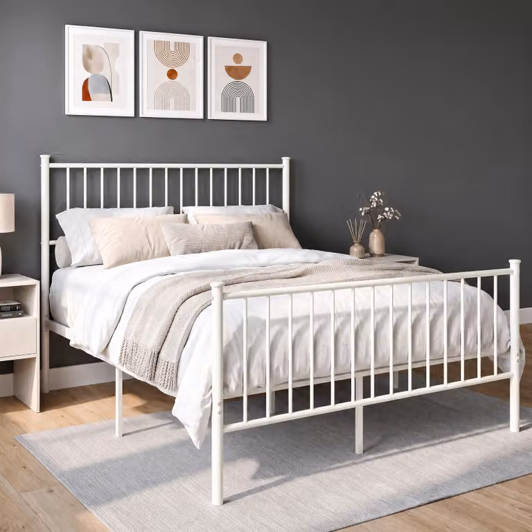 DHS White Lacquered Metal Bed Frame with High Headboard, W/D/H: 100 x 200 cm