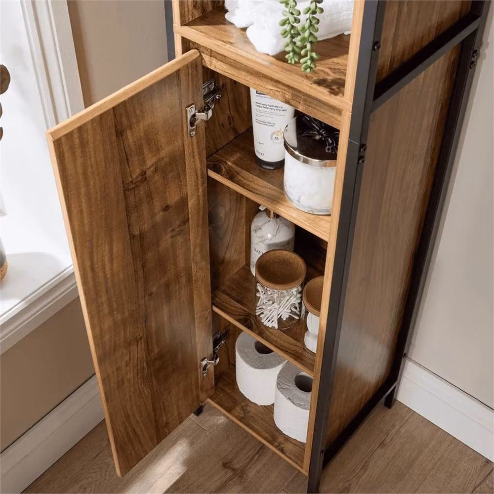 Nordara Brown and Black Industrial Bathroom Tallboy Storage Unit with Hinged Door and Internal Shelves – 2