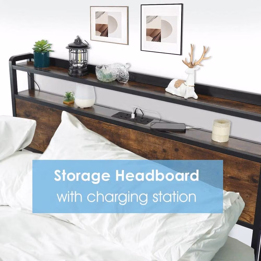 SPETLEK Double Size Metal Bed Frame with USB Charging Port and Side Compartments in Brown, W/D/H: 140 x 200 cm – 3