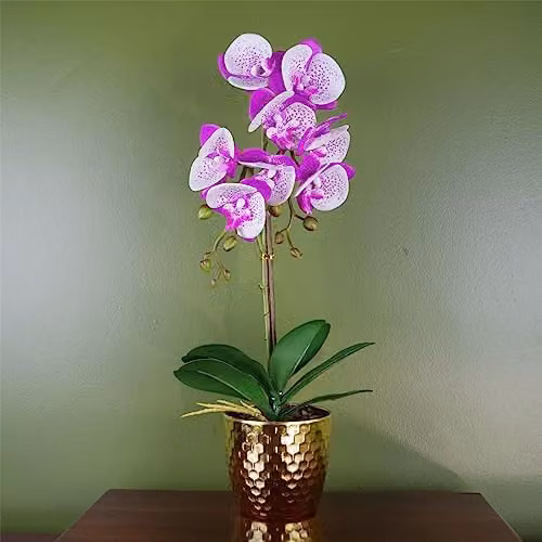 Leaf 50cm Phalaenopsis Orchid Artificial Plant in a Gold Pot with Pink, Purple and White Flowers – 1