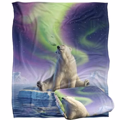 JQ Licensing Jlo Polar Bear Aurora Northern Lights Super Soft Silky Touch Throw Blanket, White, W/D/H: 152 x 127 cm – 1
