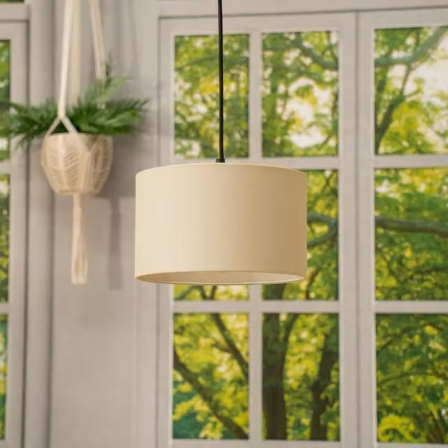ValueLights Reni Small Natural Pendant Shade in Beige and Yellow Wood and Fabric Cylinder Design
