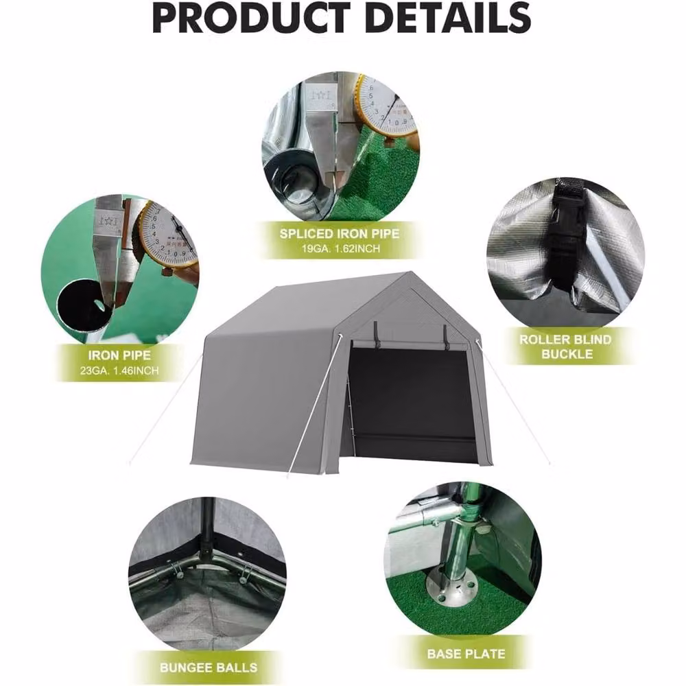 VOGREX Grey Portable Carport Storage Shed with Roll-Up Gable Roof – 5