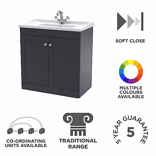 nuie Classique Traditional 2 Door Floor Standing Bathroom Vanity Unit with 1 Tap Hole Ceramic Basin, Soft Black, W: 800 mm, D: 47 cm, H: 85.8 cm – 2