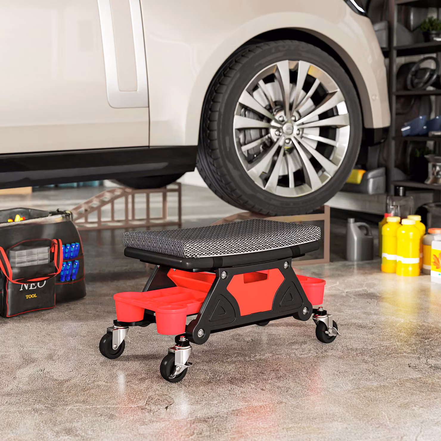 HOMCOM Rolling Mechanic Stool with 360 Degree Swivel, Padded Creeper Seat, Tool Trays and Drawer, Black – 8