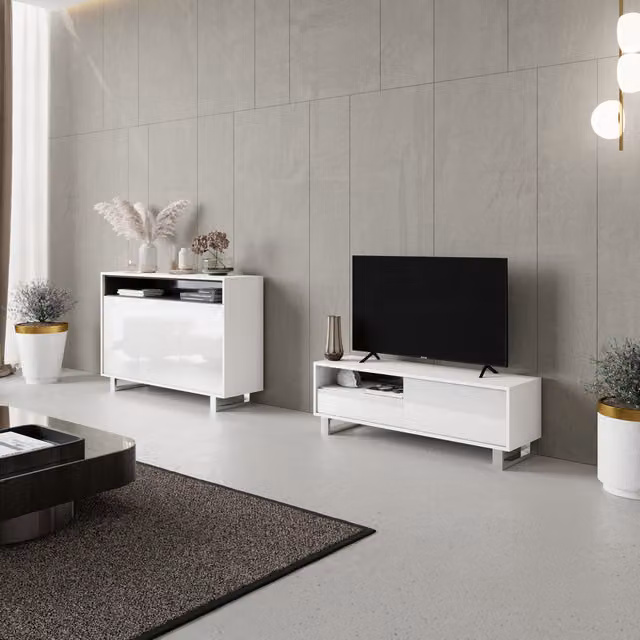 Creative Furniture Heaven Glossy White and Silver Sideboard, W: 130 cm, D: 40 cm, H: 35 cm