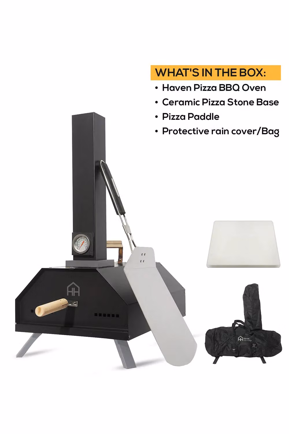 Haven Black Outdoor Wood Fired Portable Pizza Oven with Ceramic Stone, Paddle and Rain Cover – 5
