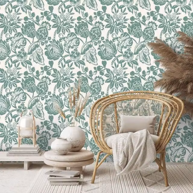 Prestigious Textiles Vintage Floral Non-Woven Botanical Wallpaper in Green and White