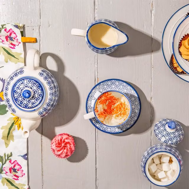 Nicola Spring 15 Piece Floral Porcelain Tea Service Set in Blue and Orange