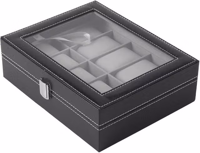 Garden Sanctuary Black Faux Leather Watch Case with 10 Slots, W/D/H: 25.5 x 20.0 x 8.0 cm