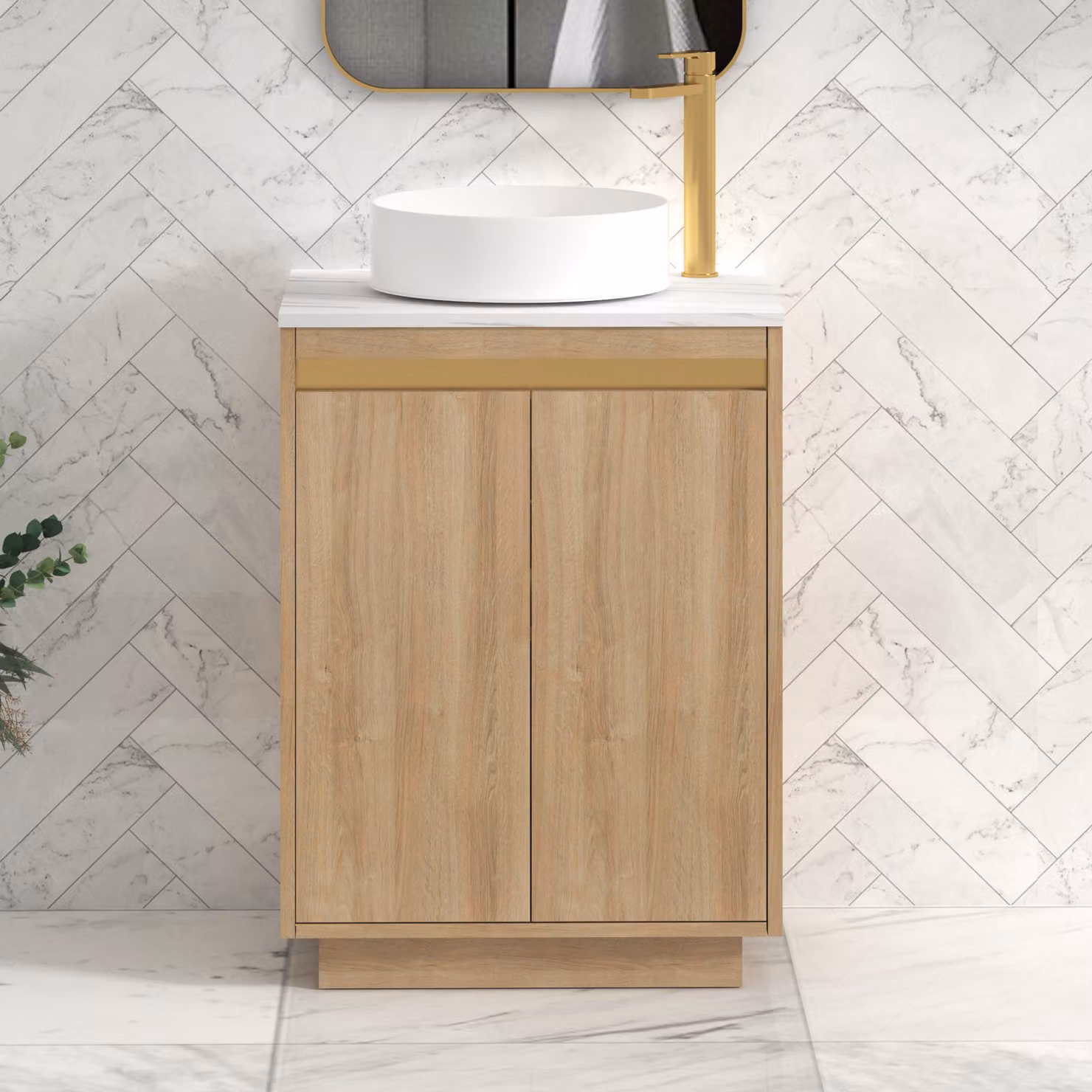 Royal Bathrooms Orion 600mm Natural Oak Floor Standing 2 Door Vanity Unit with Carrara White Undrilled Worktop and Brushed Brass Accent Trim