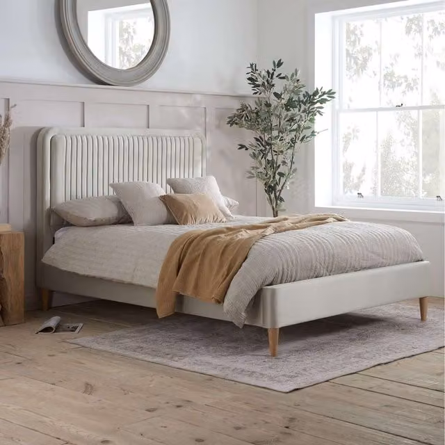 Birlea Marmont Upholstered Double Bed Frame in Warm Stone Fabric, W: 140 cm, D: 200 cm