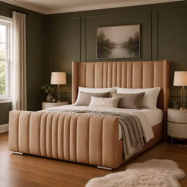 Desire Deco Luxury Austin Wingback Panel Bed Frame in Beige Velvet, Size: King (180 x 200 cm)