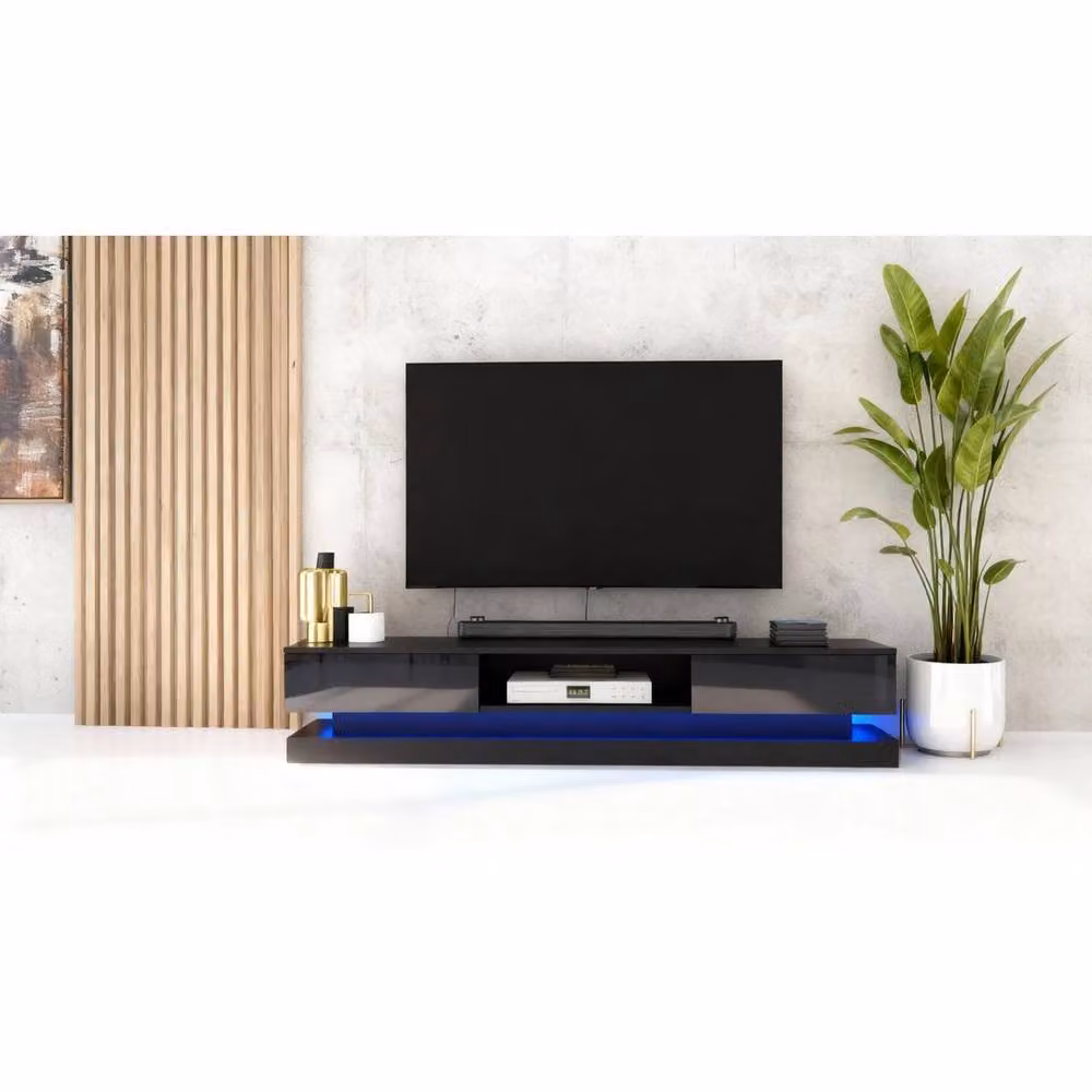 FORGEVIO Modern Black Glossy TV Unit and Sideboard Cabinet with Integrated Lighting – 2