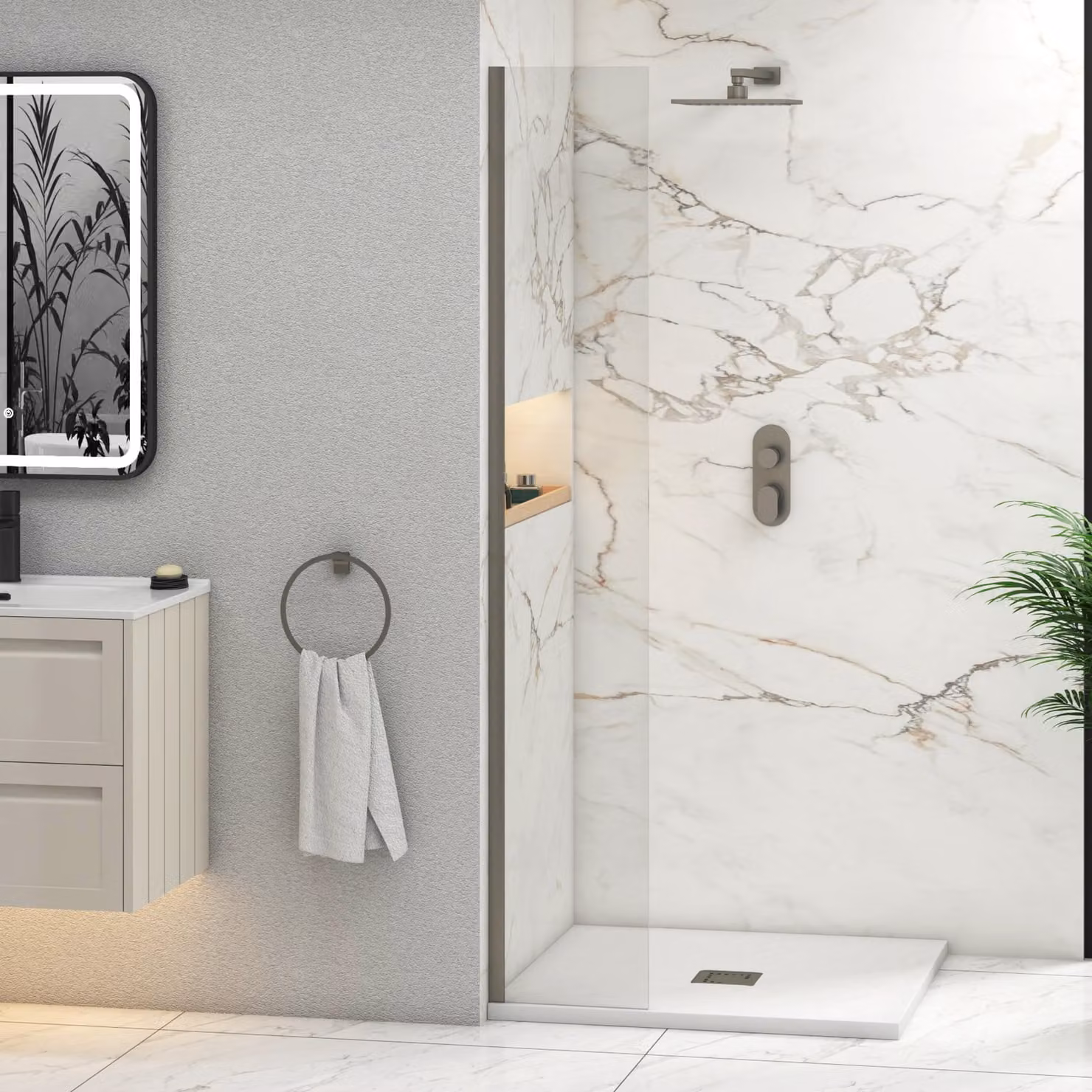 Royal Bathrooms Marbella Walk In Wet Room Shower Screen, Gun Metal Grey, W: 30 cm, H: 185 cm, Glass Thickness: 8 mm