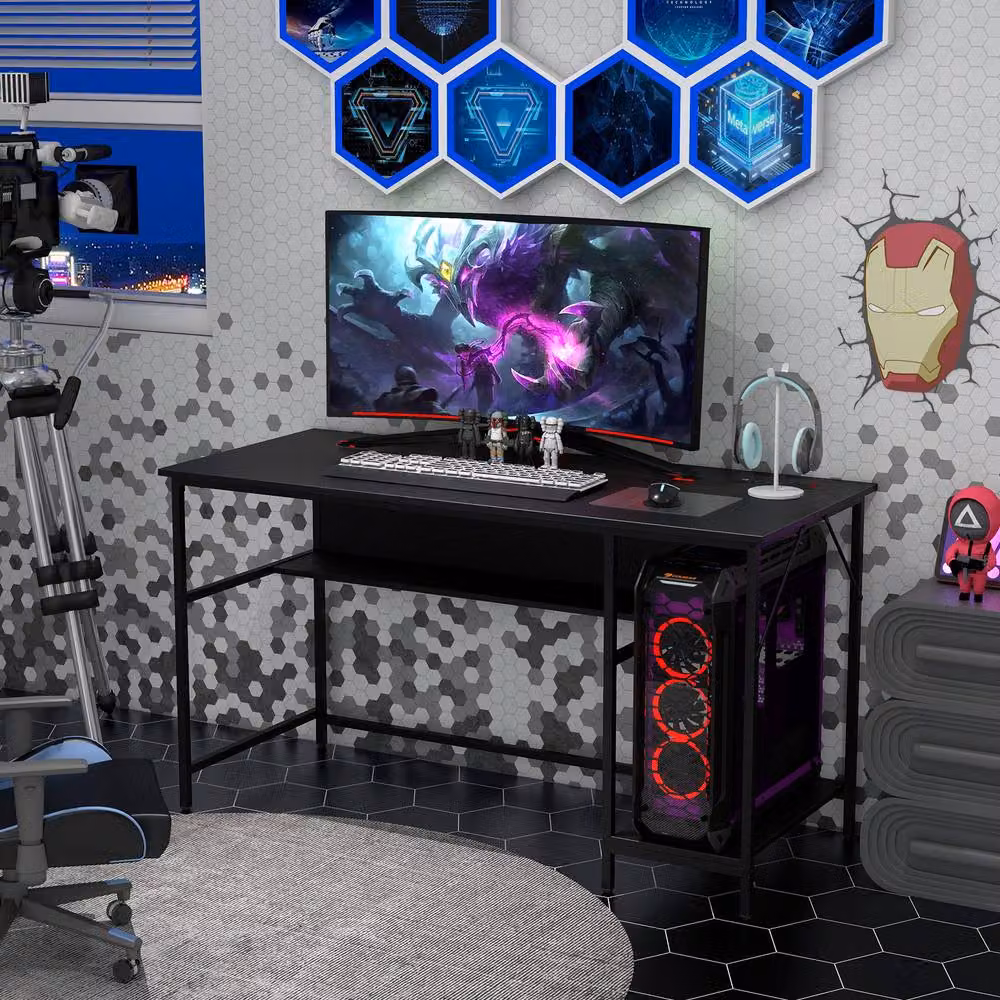 Costway Modern Computer Desk in Black with Charging Station and 4 Power Outlets, W: 140 cm, D: 60 cm, H: 76 cm – 5