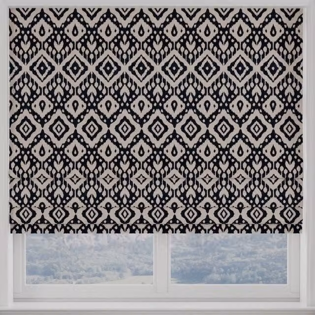 Terrys Marrakech Made to Measure Blackout Roman Blind in Black and Blue Graphic Design