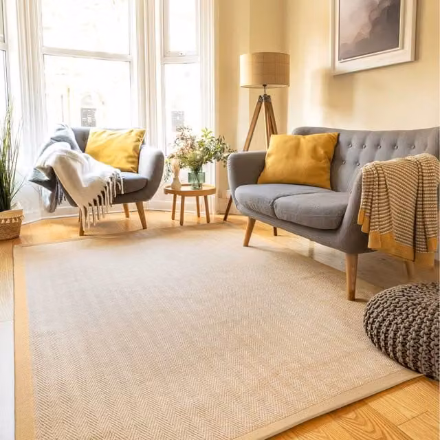 The Rug House Woven Jute and Cotton Herringbone Area Rug in Brown and Beige, W: 170 cm, D: 120 cm