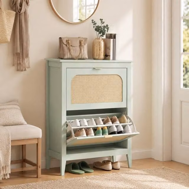 STILVORA Narrow Shoe Cabinet with 2 Tilting Compartments and Rattan Details, Green – 1