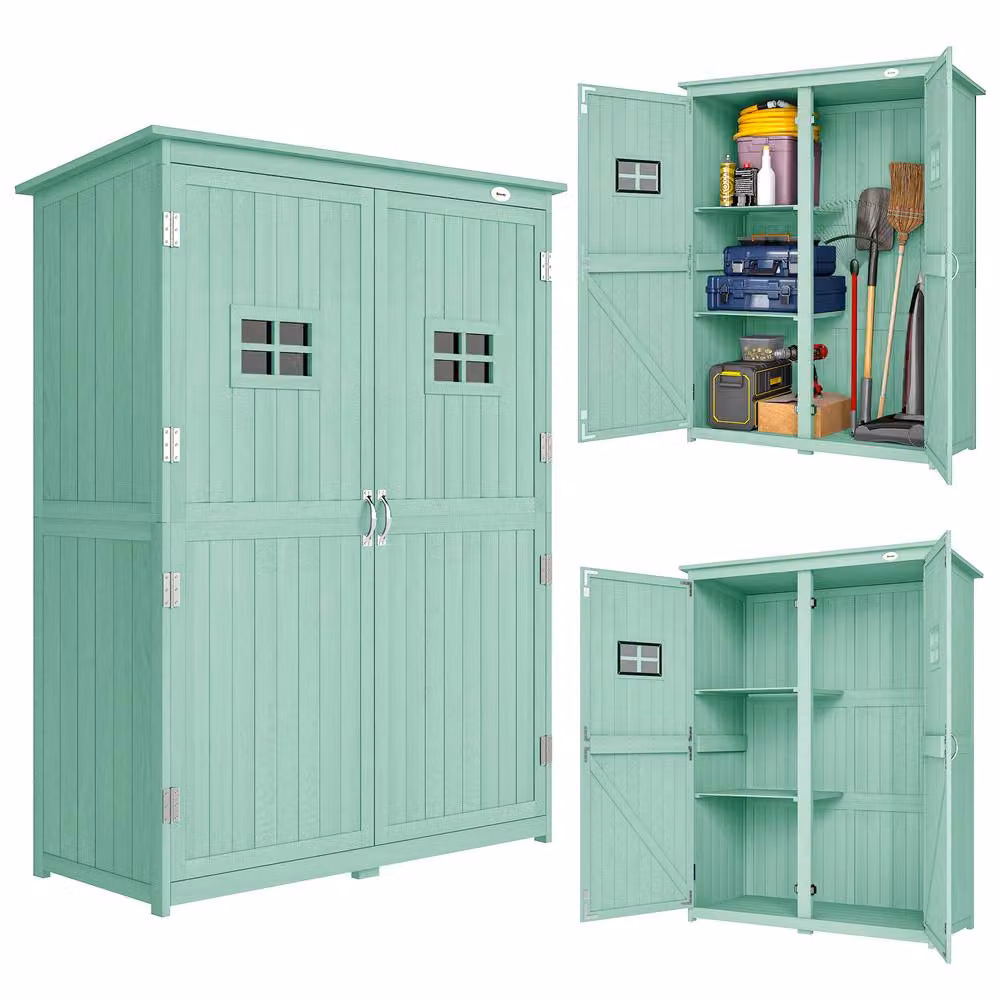 Outsunny Green Wooden Garden Tool Storage Cabinet with Double Hinged Doors and Internal Shelving, W/D/H: 127.5 x 50.0 x 164.0 cm – 2