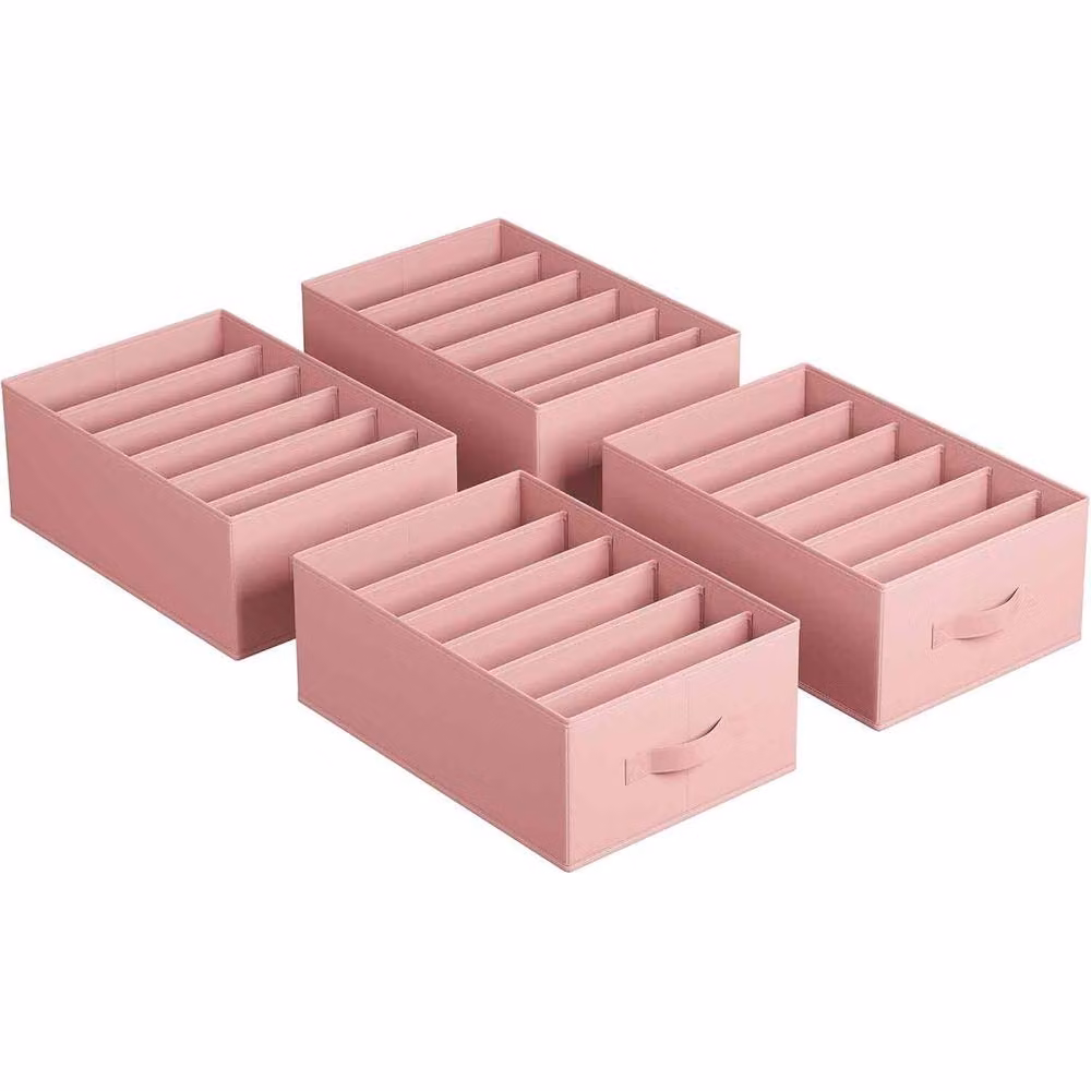 The Bazaarist Set of 4 Foldable Fabric Drawer Organisers with 6 Compartments and Handles, Pink – 2