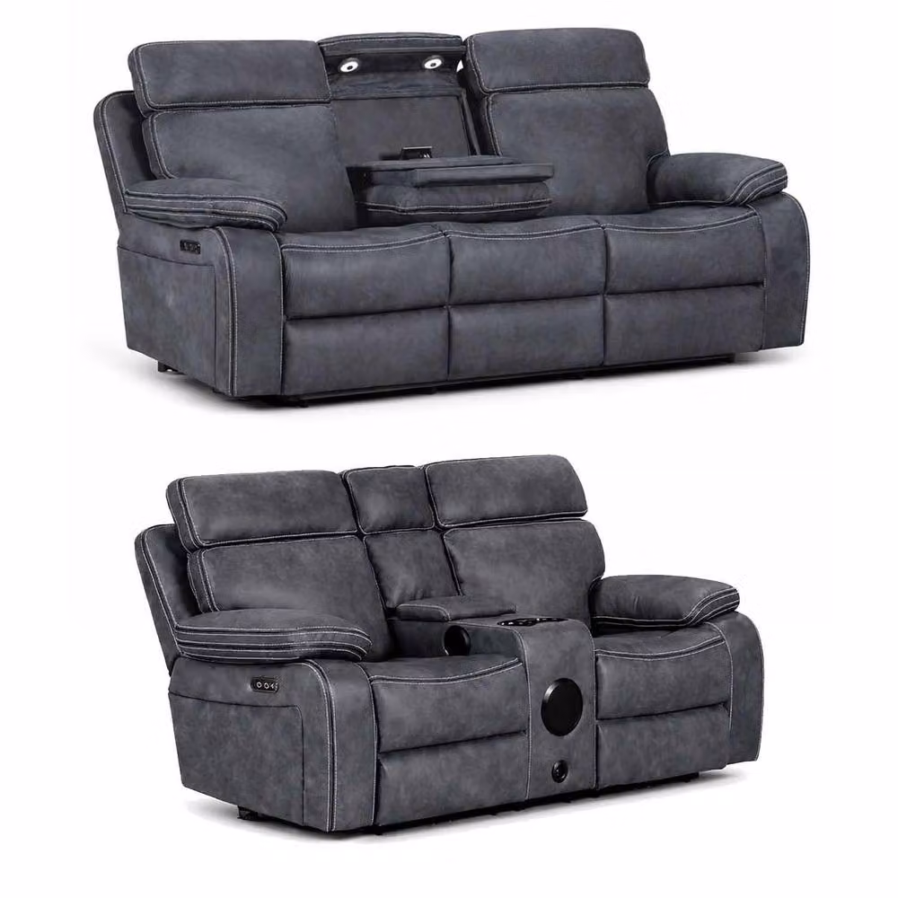 Furnishings For Less UK Tokyo Grey LeatherAire 3 + 2 Seater Electric Recliner Sofa Set with USB Charging, LED Lighting and Cup Holders – 2