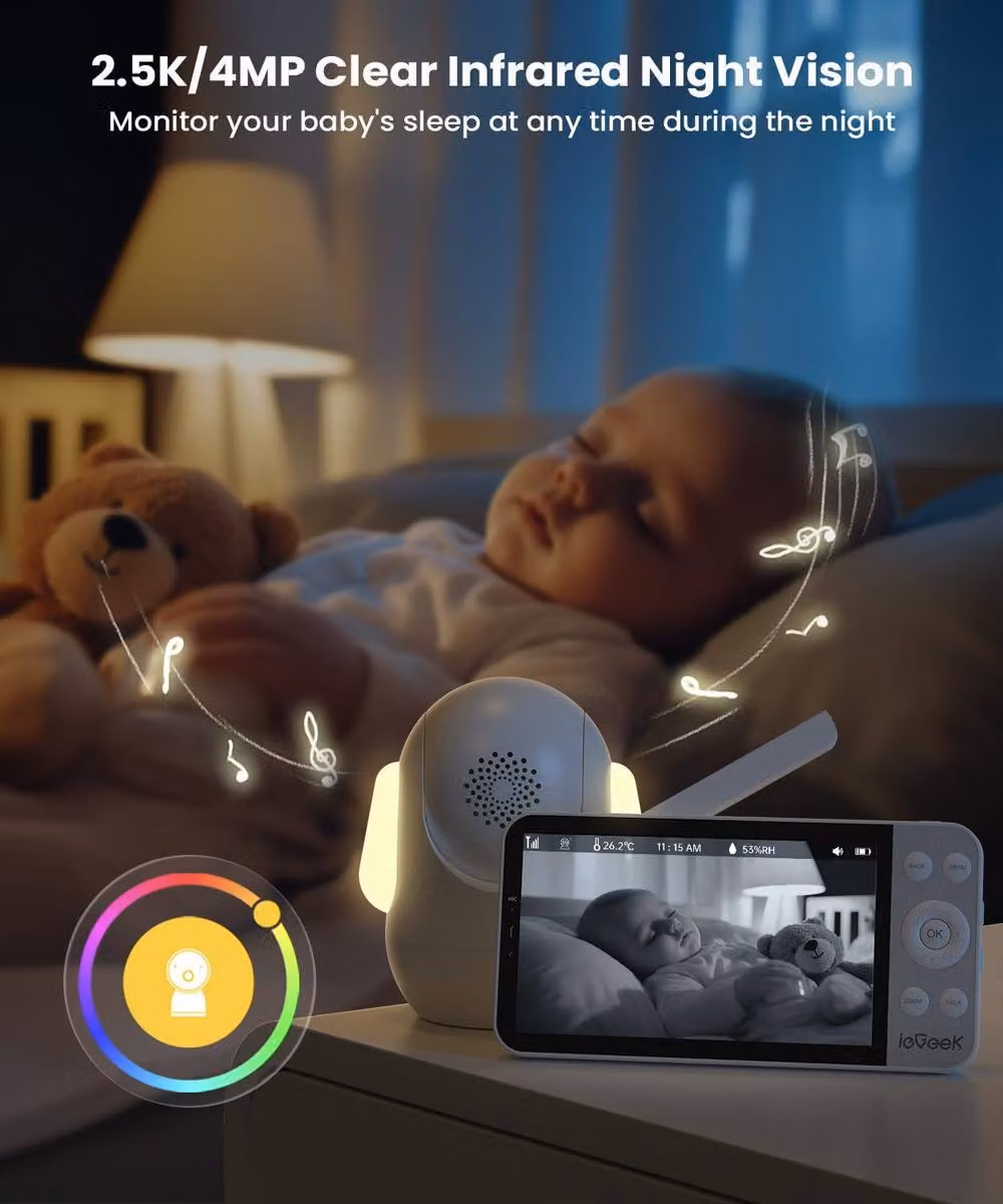 iegeek White 2.5K Baby Monitor with 5.5 inch Screen, 360 degree PTZ, Face and Cry Detection, Night Vision and Temperature Display – 3