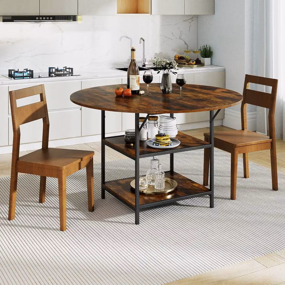 Costway Modern Round Dining Table with 2 Storage Shelves in Brown, Diameter: 120 cm – 3