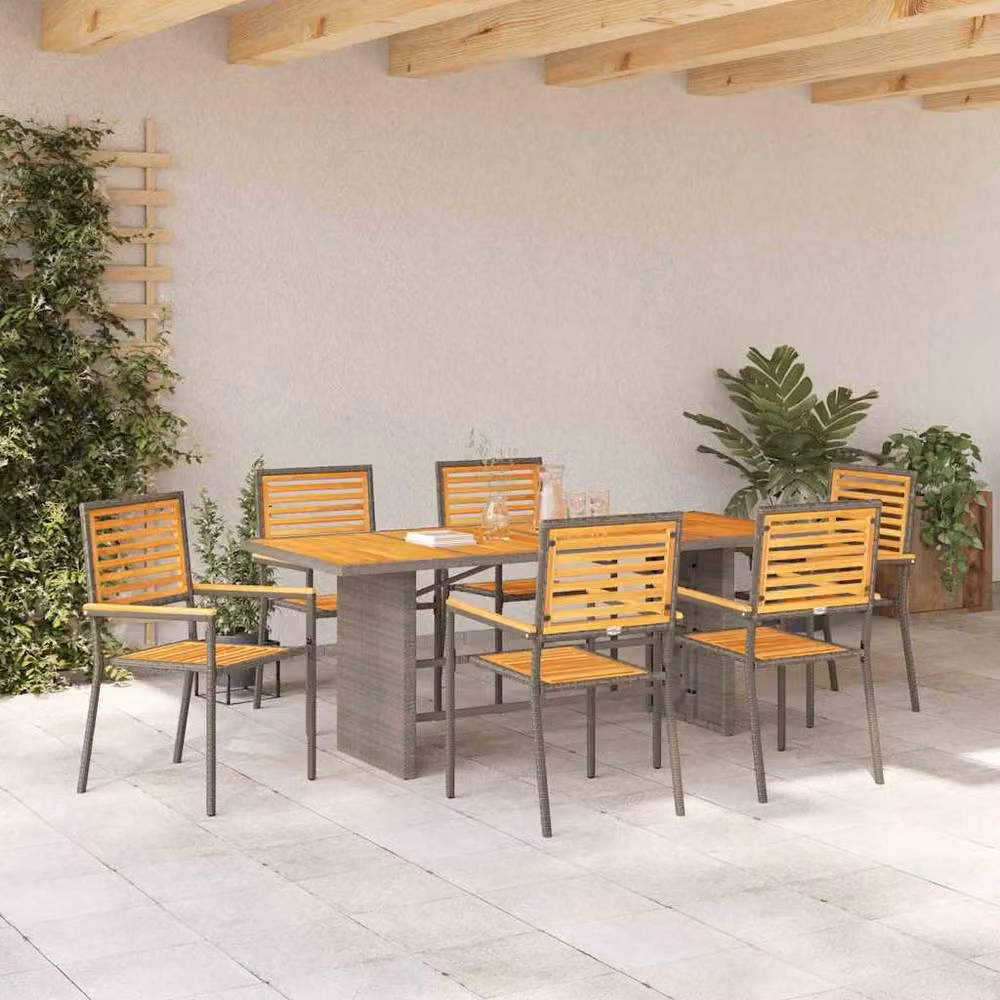 Berkfield Home 7 Piece Grey Poly Rattan and Acacia Wood Garden Dining Set – 3