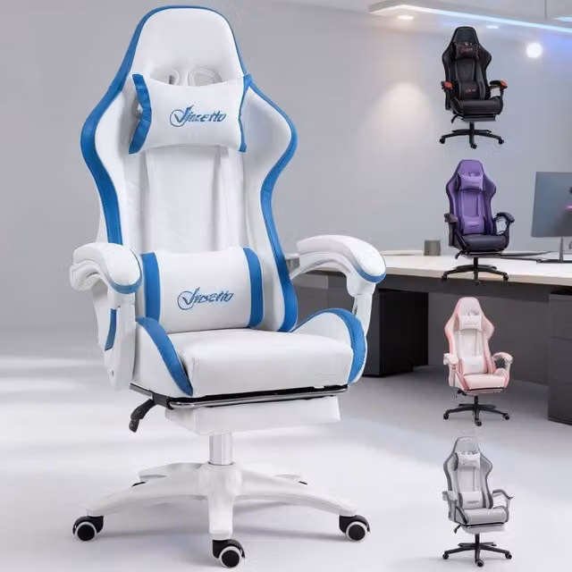 ERGOVEXA Blue and White Synthetic Leather Gaming Chair with Headrest and Swivel Castors