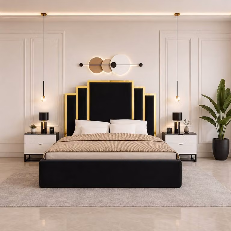 Soft Snooze Beds Super King Upholstered Ottoman Bed with Gold Trim and Geometric Tufted Headboard in Dark Grey Velvet, W/D/H: 200 x 200 cm