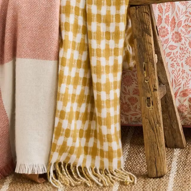 Laura Ashley Knapton Geometric Throw with Fringes, Yellow, W: 130 cm, D: 170 cm