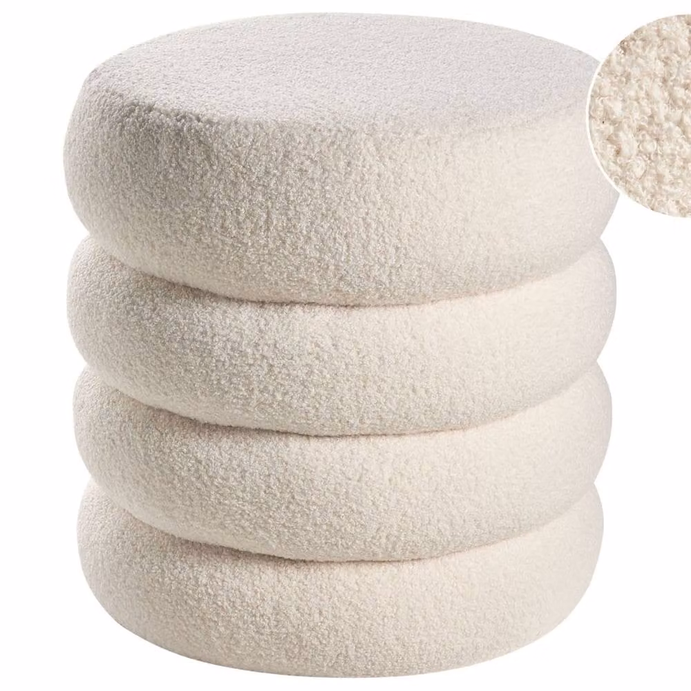 Wyld and Coco Off-White Bouclé Round Pouffe Cylindrical Footstool and Extra Seat – 2