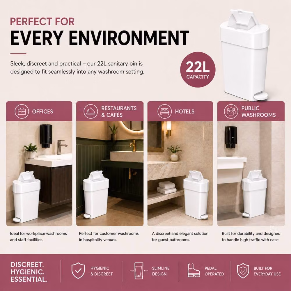 ProKleen 22L Sanitary Waste Bin with Foot Pedal, White, Pack of 3 – 3