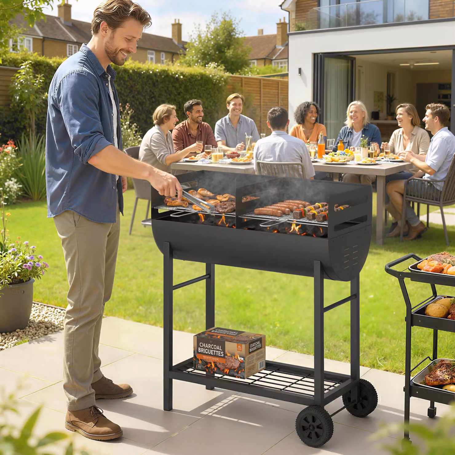 Outsunny Charcoal Barbecue Grill Trolley in Black with 2 Cooking Areas and Wheels – 2