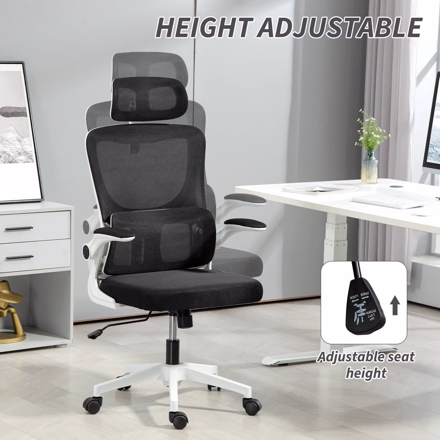 Vinsetto Ergonomic High Back Office Chair in Black with Adjustable Headrest, Lumbar Support and Fabric Finish – 4