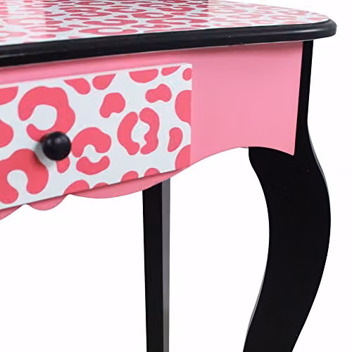 Teamson Kids Leopard Print Wooden 2-Piece Play Vanity Set with Tri-Fold Mirror, Storage Drawer and Matching Stool, Black and Pink – 7