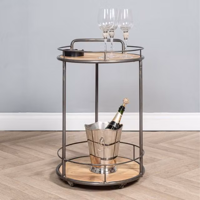 Elm Home and Garden Modern Round Drinks Trolley in Grey with Waxed Mango Wood and Metal