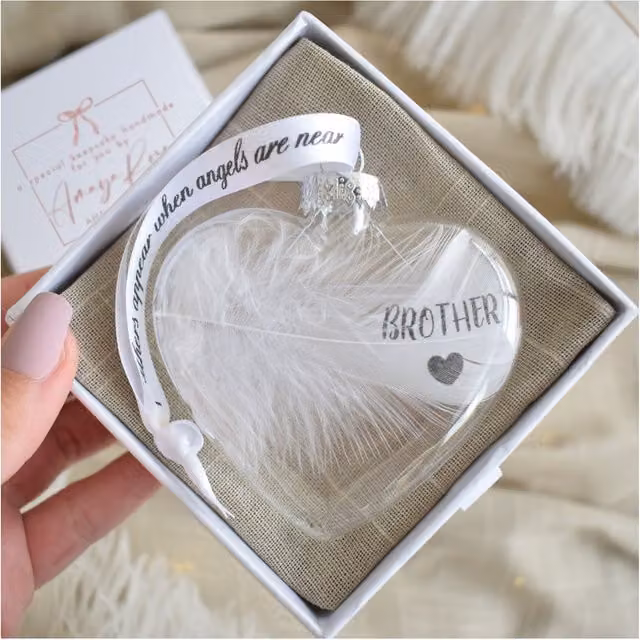 Amaya Rose Ltd In Memory of Brother Feather Heart Glass Bauble in White and Transparent