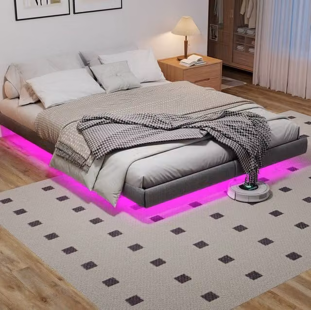 STILVORA Modern Upholstered Double Bed Frame in Grey with Under-Bed LED Lighting, W: 140 cm, L: 190 cm