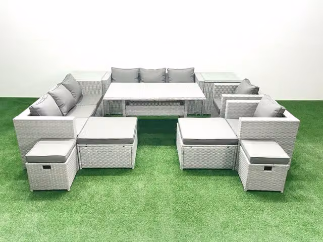 Fimous 12 Seater Rattan Garden Furniture Dining Set with Lounge Sofa, Chairs, Dining Table, 4 Footstools and 2 Side Tables in Light Grey Mixed