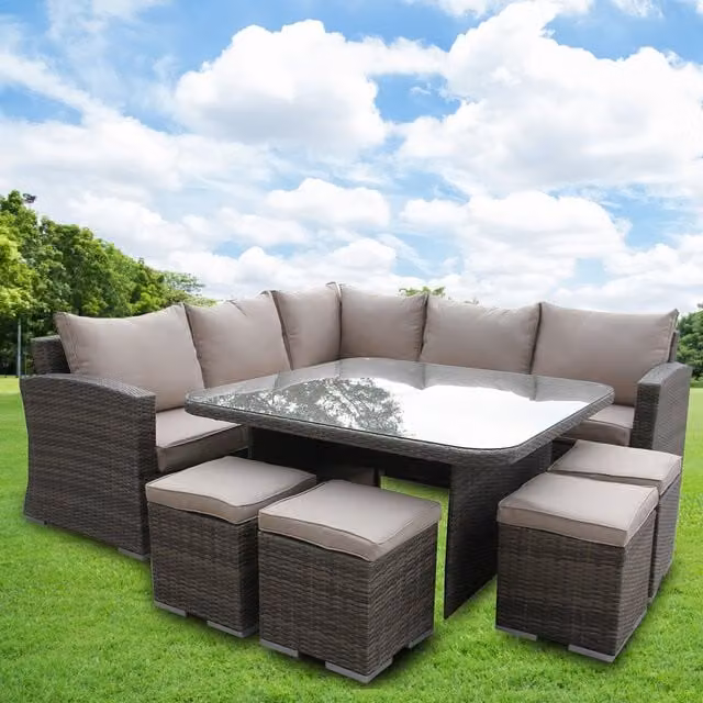Furniture One 9 Seater Rattan Garden Corner Sofa Conversation Set with Cushions in Brown