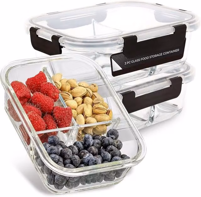 MantraRaj Set of 3 Airtight Glass Food Storage Containers with Silicone Snap Lids, Transparent and White