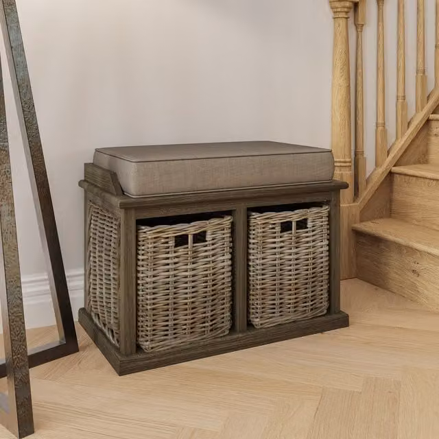 Handmade Solid Pine Storage Bench with 2 Kubu Rattan Baskets in Natural Rustic Finish