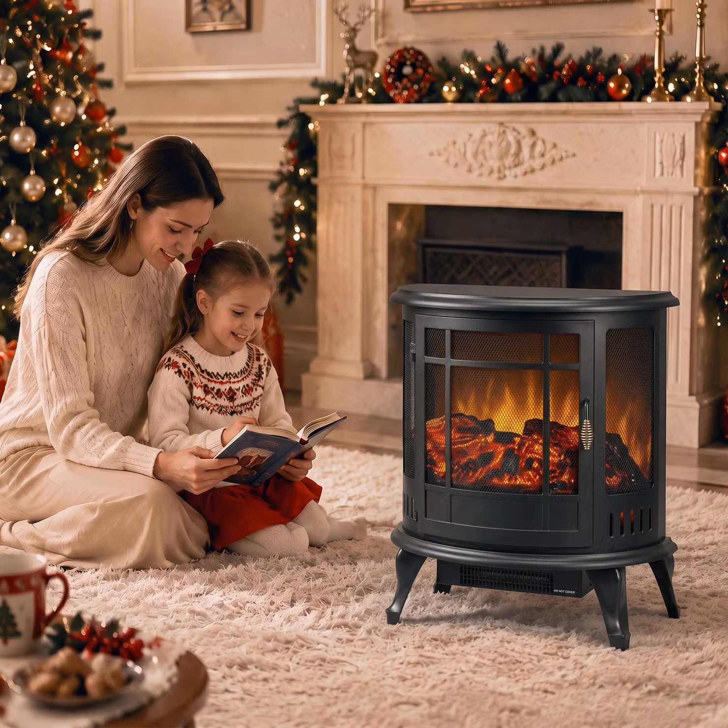 HOMCOM 2000W Electric Fireplace Stove with Realistic LED Flame in Black Metal – 7
