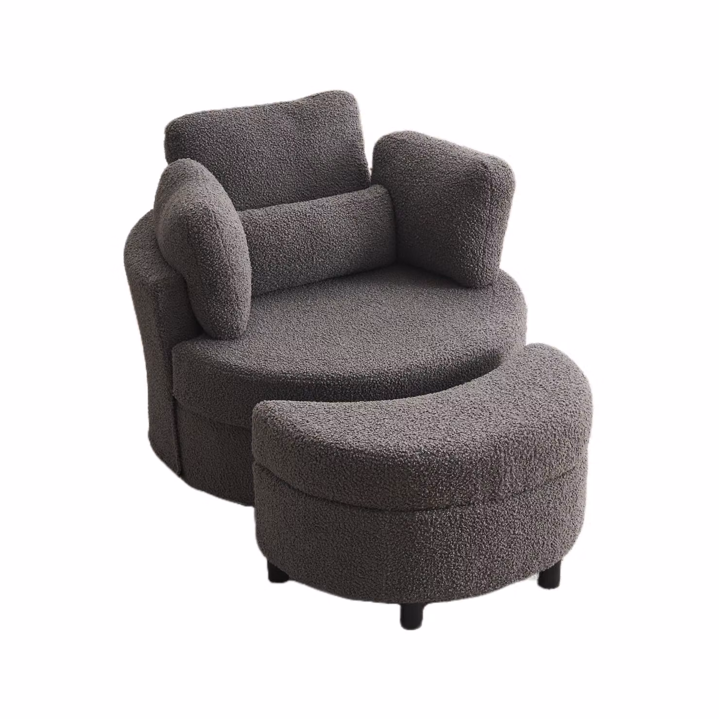 Aosom Teddy 360 Swivel Armchair with 3 Back Cushions and Crescent Ottoman Stool in Medium Grey Bouclé Fabric, W/D/H: 105 x 107 x 82 cm – 2