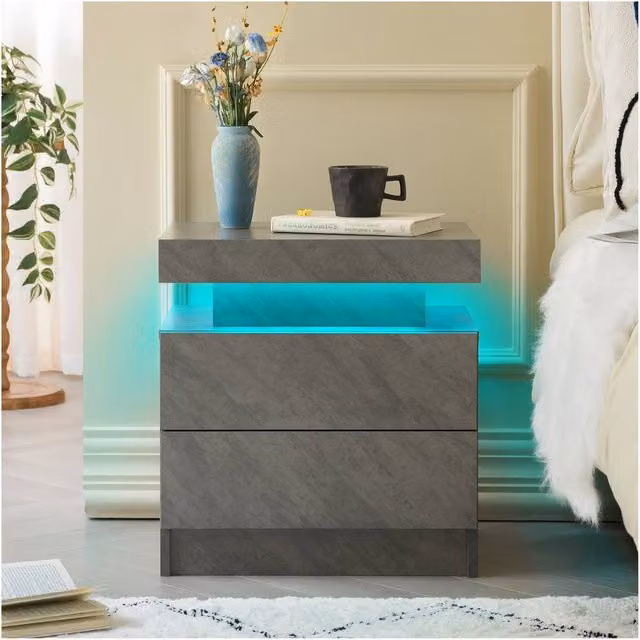 Matteo Modern LED Bedside Table with 2 Drawers and Integrated Under-Bed Lighting in Grey