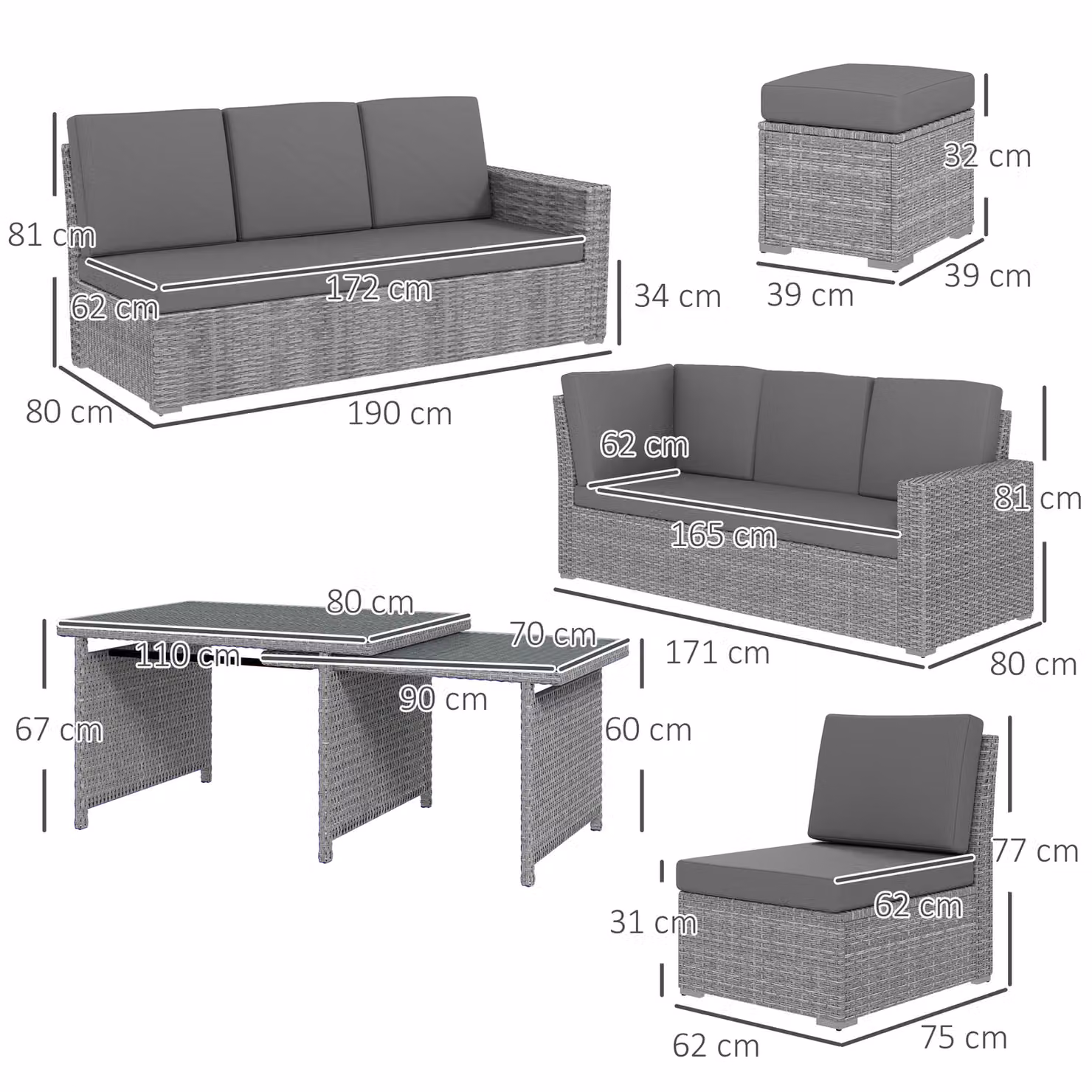 Outsunny Seven-Piece L-Shape Rattan Garden Sofa Set with Extendable Glass Coffee Table, Light Grey – 2