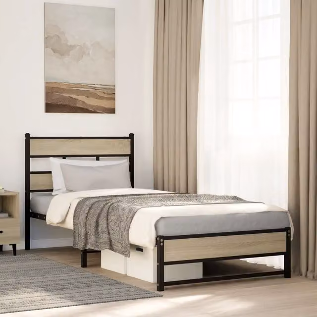 Berkfield Home Metal Bed Frame in Sonoma Oak Brown, W/D/H: 75 x 190 cm Small Single