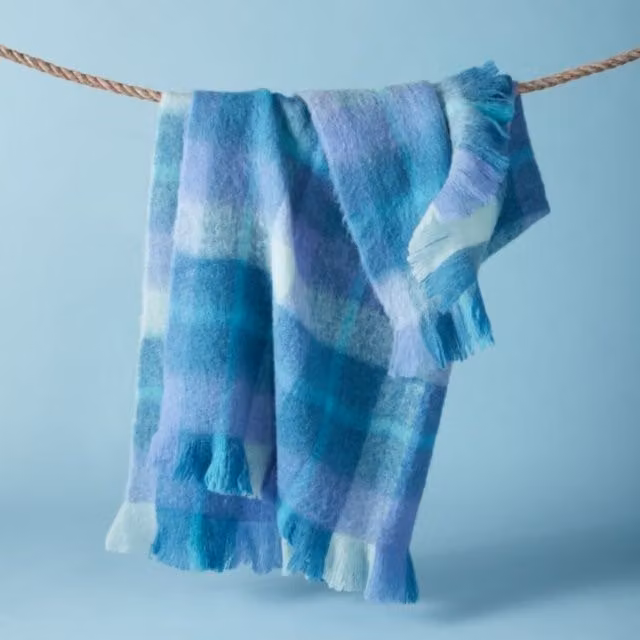 Bluebellgray Highland Check Wool Throw in Sea Blue, W: 130 cm, D: 170 cm